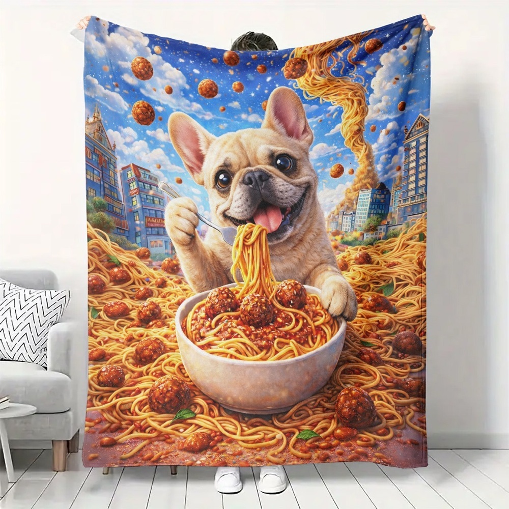 Adorable French Bulldog Eating Spaghetti Blanket 50x60